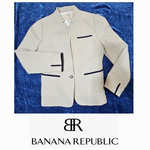 Banana Republic Jackets & Blazers - Banana Republic Oatmeal Navy Tweed Blazer Mandarin Collar 4 Medium